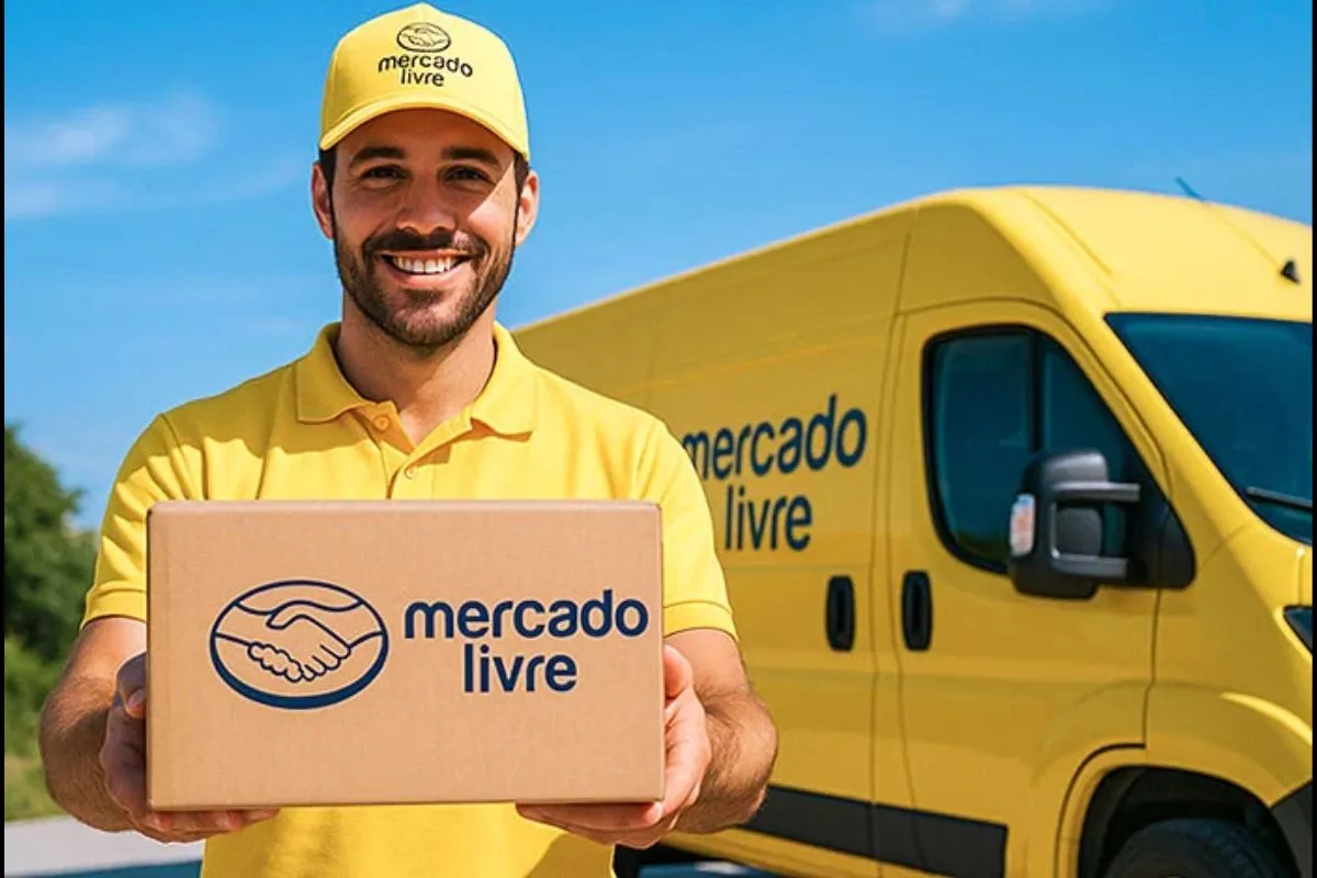 Entregador com caixa do Mercado Livre em frente a uma van